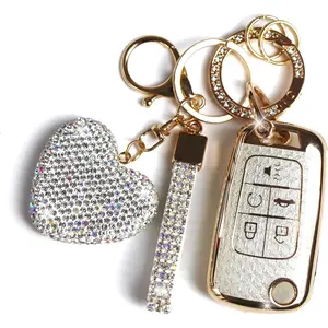 Key Fob Cover with Diamond Keychain for Women, Car Key Holder Compatible with Chevy Cruze Camaro Malibu Equinox Impala GMC Buick Encore Regal Flip Folding Protector, 5 Buttons (White-Heart)