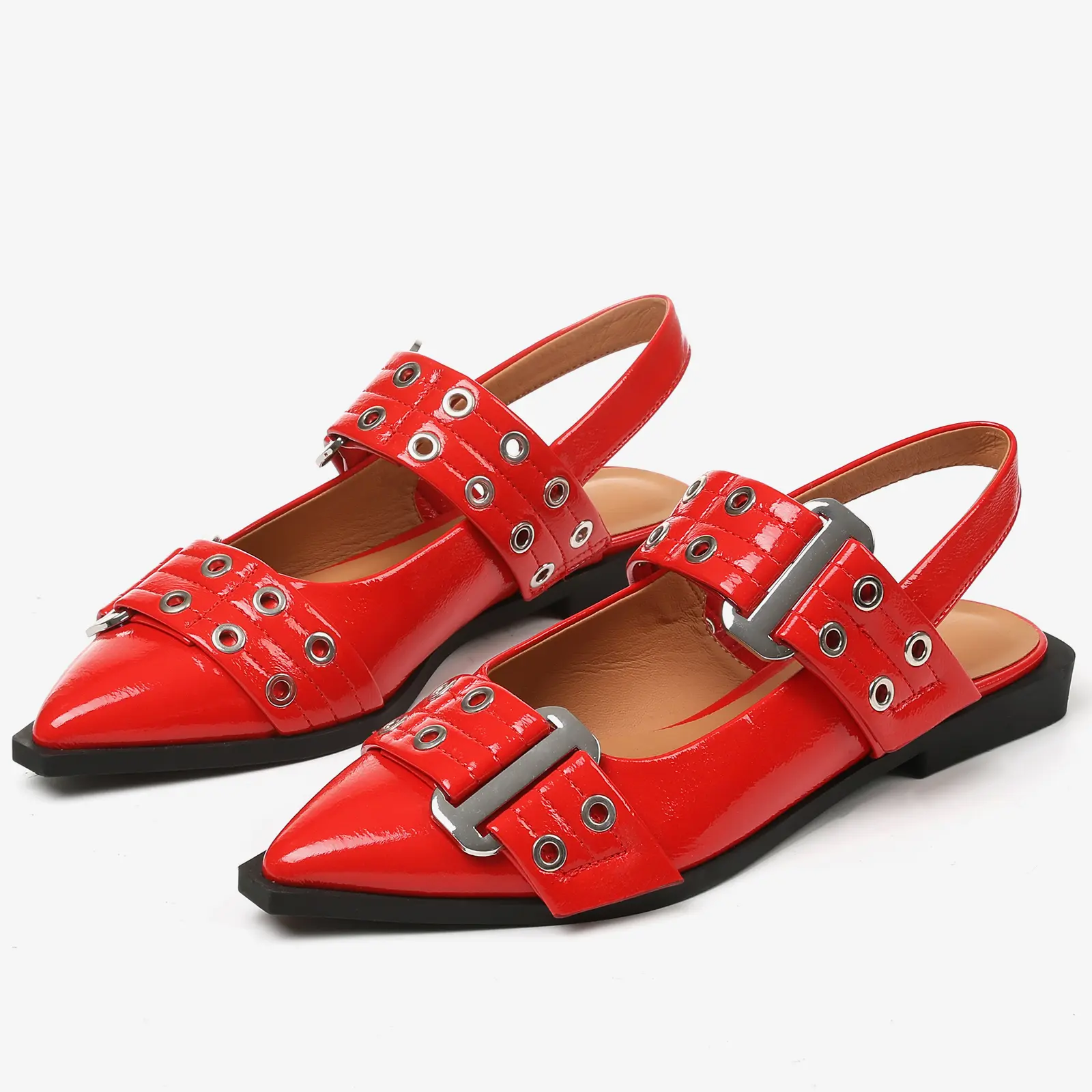 CELNEPHO Womens Ballet Flats Pointed Toe Buckle Strap Easy Slip on Elegant Flat Shoes Slingback Design Silver Rivet Flat Block Heel Comfortable Pumps for Office Party Outdoor Ballerina Shoes