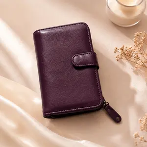 Women’s Purple Leather Clutch Wallet – Pure Cowhide Ladies Card Holder Purse with Zipper, Compact Handbag & Christmas Gift for Women