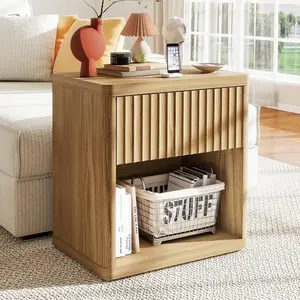 Fluted Nightstand, 22.8" Wide Night Stand with Drawer and Storage, Mid Century Bedside Table End Table, Large Modern Wood Nightstands for Bedroom Sofa Office