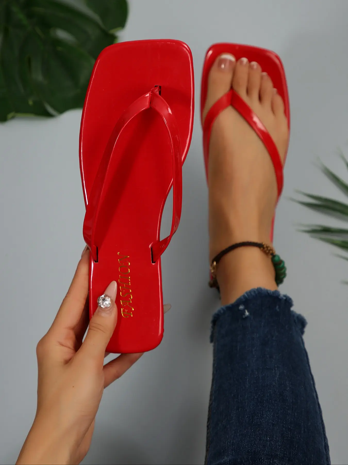 Women's Square Toe Flat Sandals, Patent Finish Strappy Slippers, Christmas Party Style, Chic Summer Footwear, Summer Fashion Outdoor Shoes