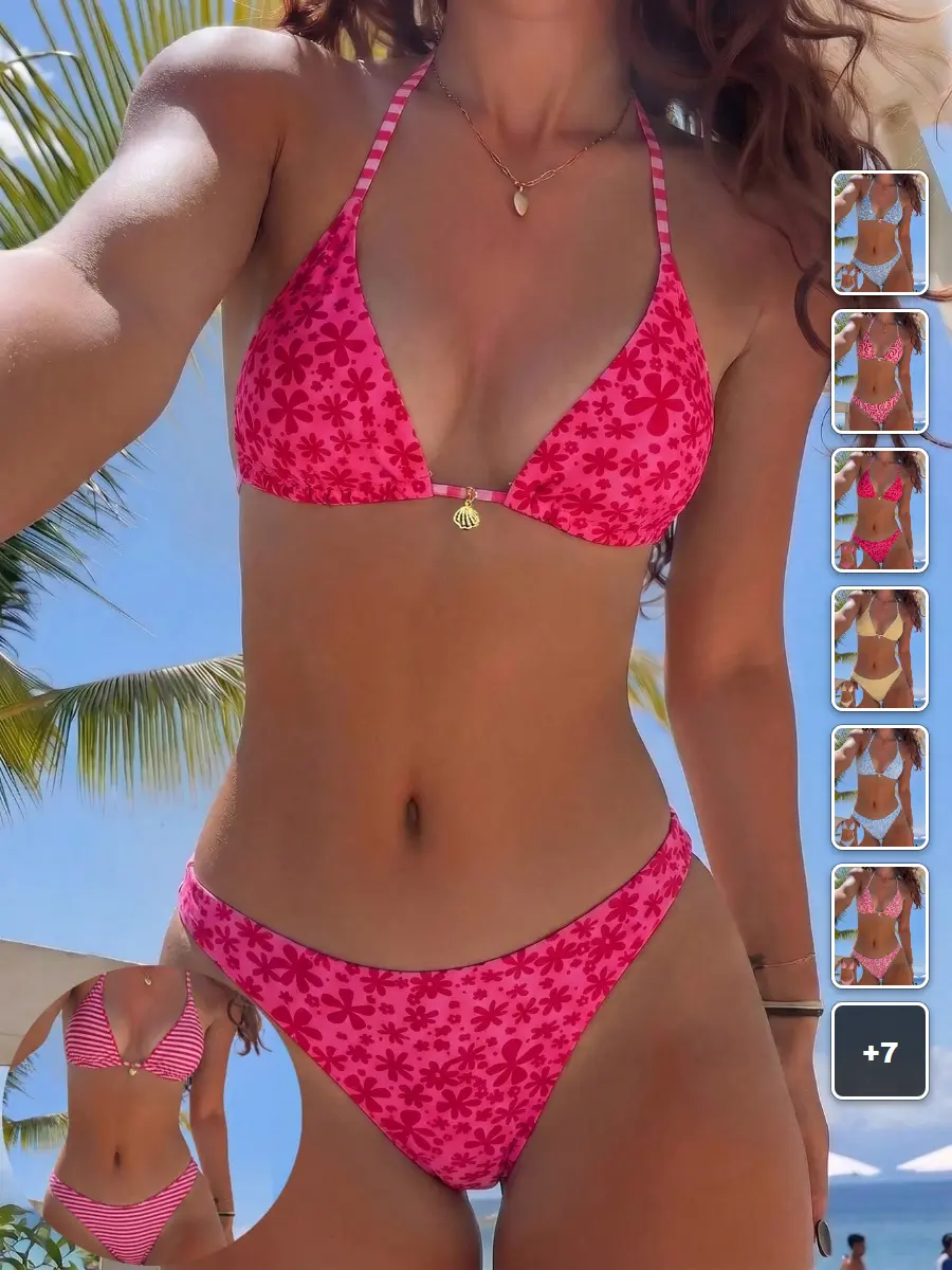 RUTMAN Bikini Set Halter Floral Reversible Pink Beach Vacation Summer