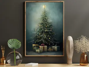 Minimalist Christmas Tree Canvas Print, Elegant Holiday Gift Box Poster Print, Sophisticated Seasonal Wall Art Decor