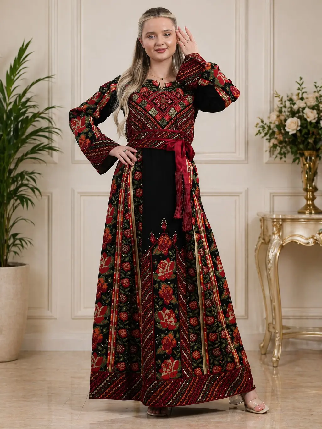 Women's Palestinian Thobe with Floral Tatreez Hand Embroidery, Elegant Long Sleeve Modest Abaya Maxi Dress with Belt, Ethnic, Embroidered, Full Sleeves