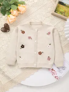 Baby Girl Cute Sweet Colorful Flower Embroidery Warm Long Sleeve Knit Sweater Button Open Front Top Coat