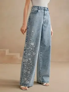 25AW Embroidery Women's Standard Fit Casual Wide-Leg Elastic Denim Jeans - Simple and Versatile, Suitable for All Seasons