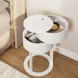Modern Side Table with Rotating Drawers - Sturdy Metal Legs, Hidden Storage & Smart Cable Management | 2 Drawers for Easy Access | for Bedroom, Living Room, Small Apartment | Ideal for Renters, Small Families | Easy Assembly, Space-Saving