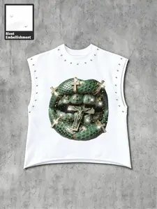 Men's Rivet Decorated Sleeveless Short Top, Snake Mouth Cross Graphic Print Vest, Casual Street Style, Soft Fabric, Trendy Punk Fashion