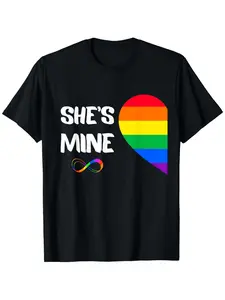 I'm Hers Shes Mine Lesbian Couples Matching LGBT Pride Flag T-Shirt 100% Cotton Round Neck Short Sleeve T-shirt