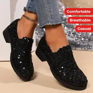 Women's Sequin Loafers - Black Shiny Slip-On Shoes, Chunky Heel, Breathable Fabric Upper and PU Sole, Comfortable Casual Nurse Shoes, Suitable for All Seasons, Women's Shoes
