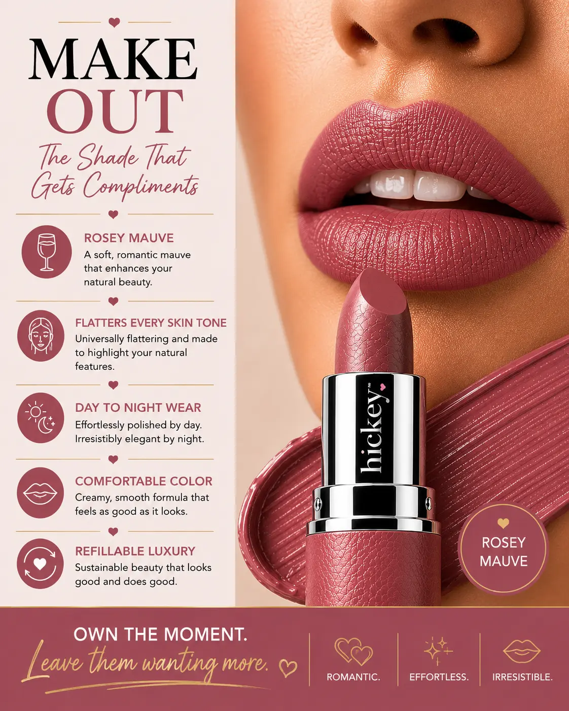 Hickey’s MAKE OUT Refill Long-wearing light mauve lipstick. Satin, Moisturizing, Hydrating Makeup LightweightShimmer Moisturizing Vegan Clean Beauty Lip Makeup | Cruelty Free Paraben Free Lightweight Luxury Lip Color