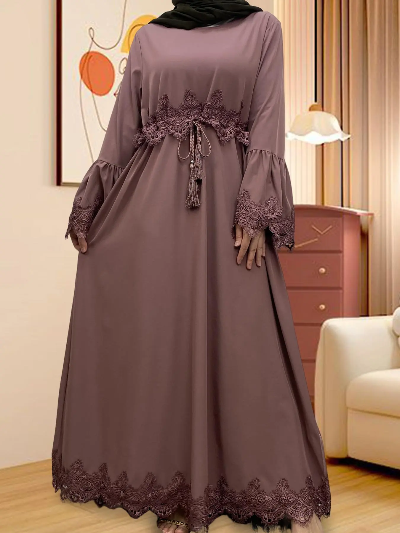 Women's Plain Lace Trim Dress, Modest Casual Long Sleeve Dress for Daily  Wear, Modesty Muslim Clothing, Ladies Clothes for All Seasons - TikTok Shop