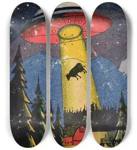 Alien Abduction Skateboard Deck Wall Art Set (3-Piece) | Retro UFO Farm Scene | Lowbrow Street Art Decor