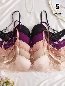 Women's 5-Piece Lace Bra Set, Elegant Floral Design, Breathable and Comfortable, Steel Ring Support, Anti-Sagging Underwear