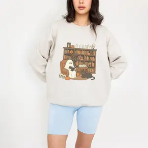 Ghost Reading Sweatshirt Cute Halloween Crewneck Cozy Fall Graphic Sweatshirt Bookish Vintage Top Unisex Loose Fit Spooky Cute Gift Comfy Oversized Printed Soft Uniform Womenswear Ash Casual DTG Printed for Sharp Design trendy book reader sweatshirt