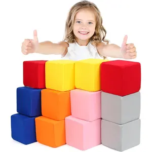 Foam Blocks for Toddlers, 12 Pieces Soft Building Blocks for Kids, Large Foam Cubes Colourful Stacking Block Sets - Throw & Play Toys with Washable Cover(Pink, Dark Blue, Yellow, Orange, Red, Gray)