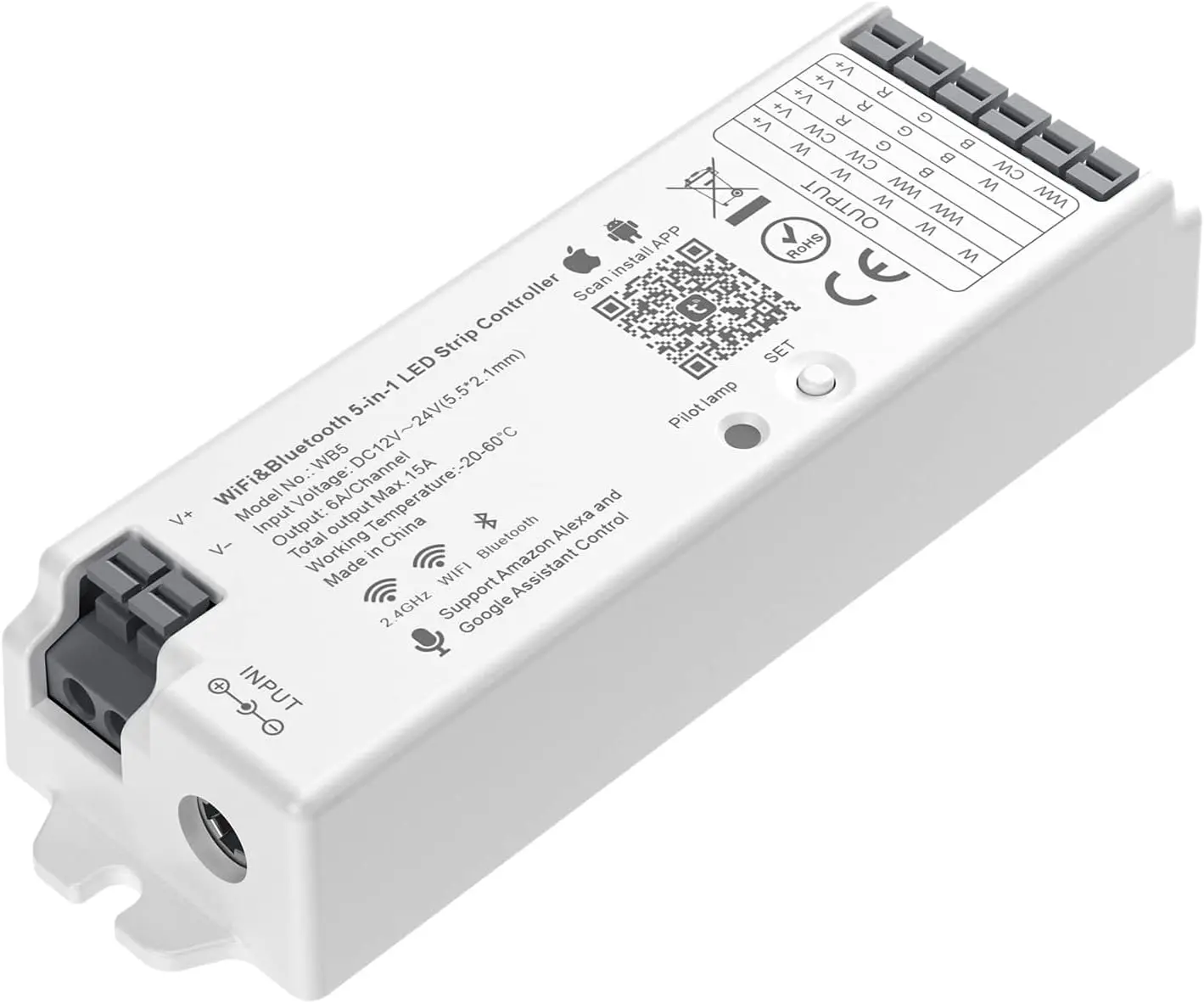 5in1 WB5 2.4GHz Tuya Wi-Fi PWM LED Controller, 180W Max, 2.4GHz RF Remote Compatible, 2nd App Control, 3rd Alexa Control for Dimming CCT RGB RGBW RGBCCT LED Strips (Works with WR01RF WR02RF)