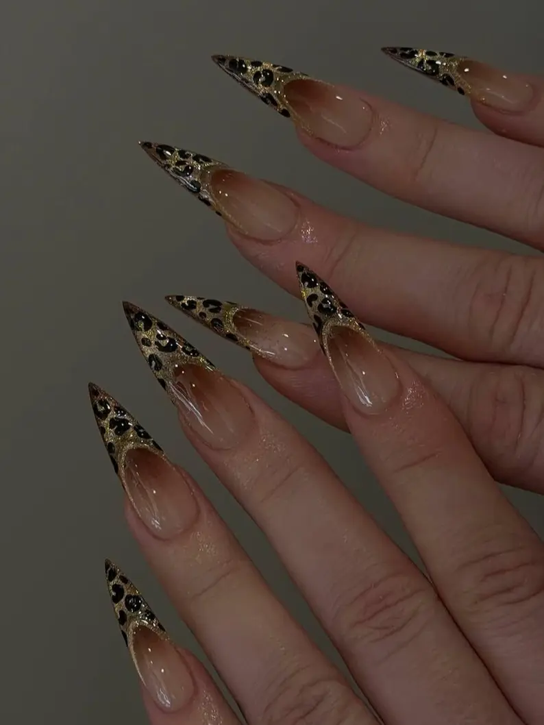 A30 Leopard Glam Press-On Nails, Gold Glitter French Tip with Black Animal Print, Luxury Night Out Nails, Gift for Her