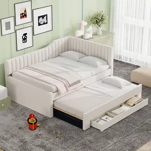 Full Upholstered Daybed with Trundle & Drawers, Modern L-Shaped Daybed with Tufted Curved Backrest, Linen Fabric Corner Bed with Storage, Beige