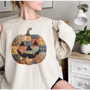 Vintage Patchwork Halloween Pumpkin T-shirt, Halloween Pumpkin Sweatshirt, Spooky Season Sweater, Cute Women Outfit, Halloween Gift
