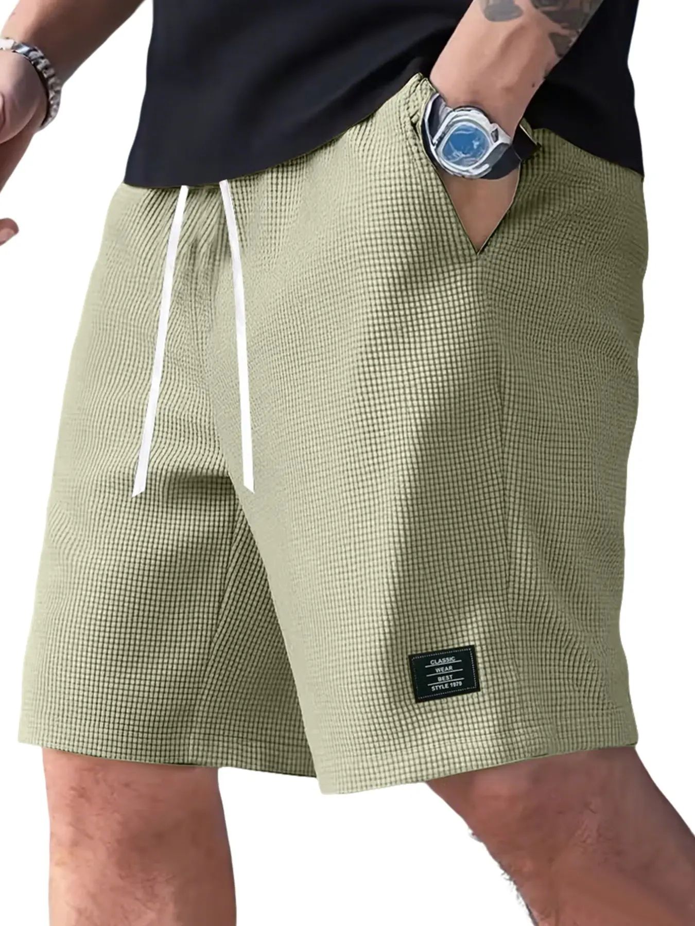 Men'S Lightweight Polyester Casual Streetwear Shorts, Casual Summer Bottoms with Drawstring Waist - Breathable Textured Fabric, Pockets for Beach, Outdoor & Casual Attire - White & Beige, Regular Fit, Adjustable Comfort, Simple Design, Durable Fabric