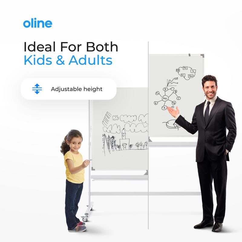 Oline Mobile Whiteboard 48 x 36 Inch Large Height Adjust 360° Magnetic Rolling Double Sided Reversible Dry Erase Board