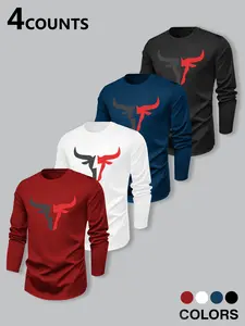 Men's 4 - Pack Long Sleeve T - Shirts, Bull Graphic Print Tees, Crew Neck Casual Tops, Comfortable Soft Fabric, Multiple Colors Stylish Athletic Inspired Apparel
