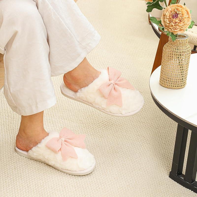 Plush Popular Fuzzy Cute Bow Slippers For Women, Non - Slip, Winter Warm Cozy House Slippers Indoor Outdoor Shoes Girl Footwear