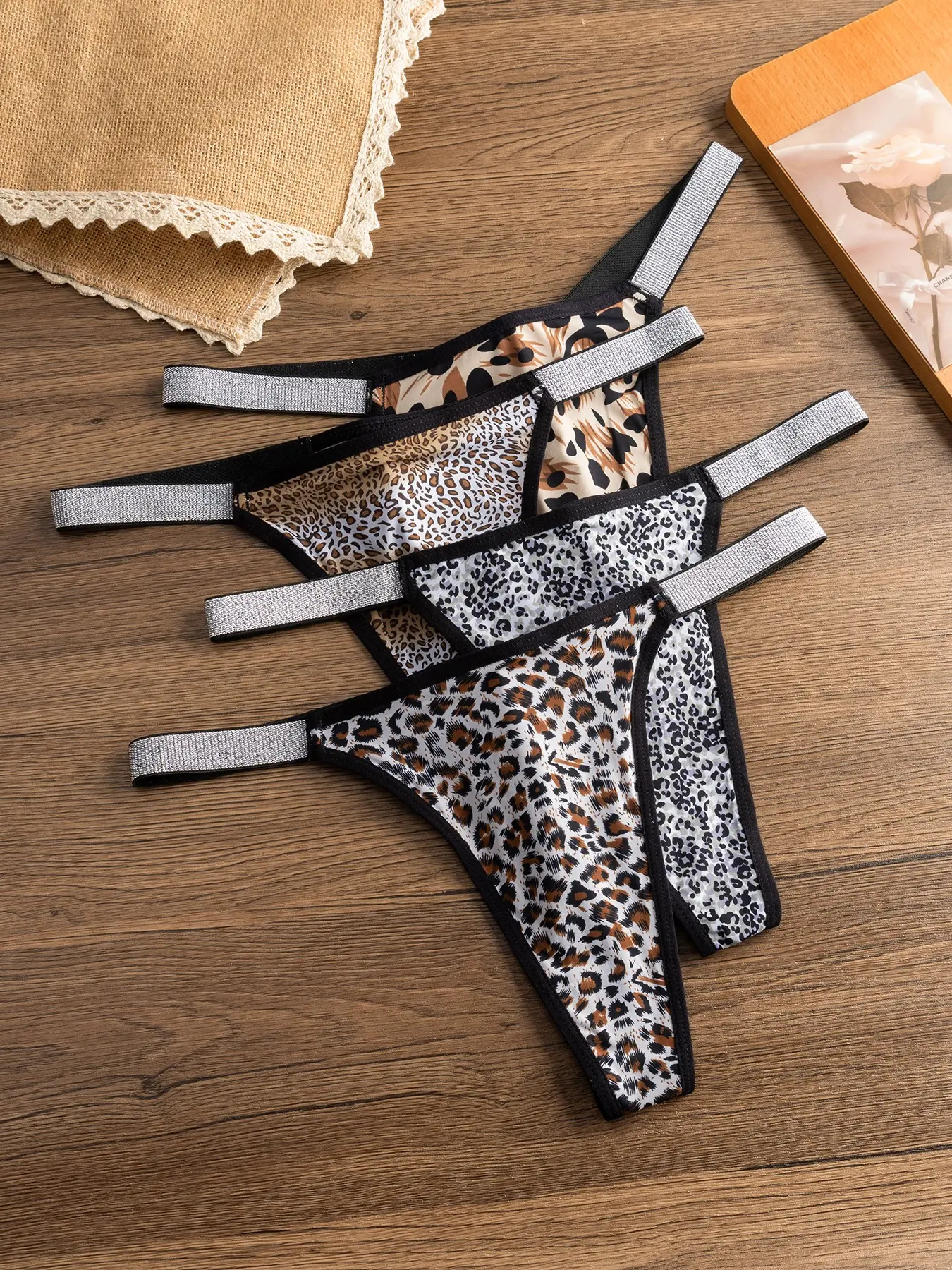 Plus Size Sexy Leopard Print Thong Panties for Women, Shiny Belt Comfortable Breathable Underwear, All Seasons 4 Pack