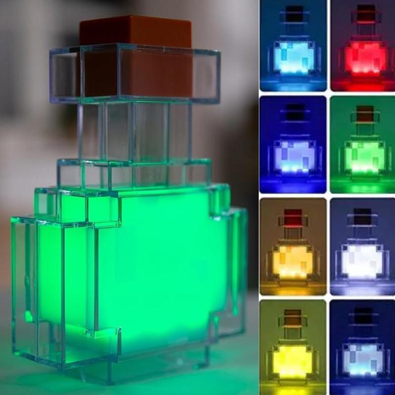 Pixelated Potion Bottle LED Night Light – USB Rechargeable Desk Lamp with 15 Color Changing LED Mood Light, Perfect for Bedroom, Living Room, Playroom, Gaming Room Decor, Kids & Teens Room, Video Game Gifts, Pixel Lamp & Home Decoration