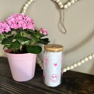 Heart Smiley Face Libbey Glass Beer Can | Bamboo Lid | Glass Straw | Valentine's Day | February 14 | Gifts for Her | Gifts for Him |