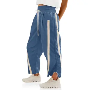 【New】Women's Baggy Wide Leg Pants Casual Drawstring Elastic Waisted Contrast Color Workout Y2K Track Pants