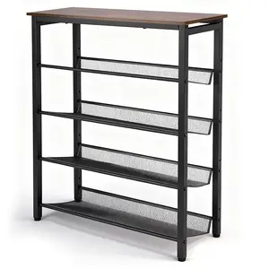 5-Tier Shoe Rack for Entryway, Shoe Organizer w/h Wood, Metal Mesh Shelves for 15-20 Pairs of Shoes - 29.5''W * 11.8''D * 36.6''H