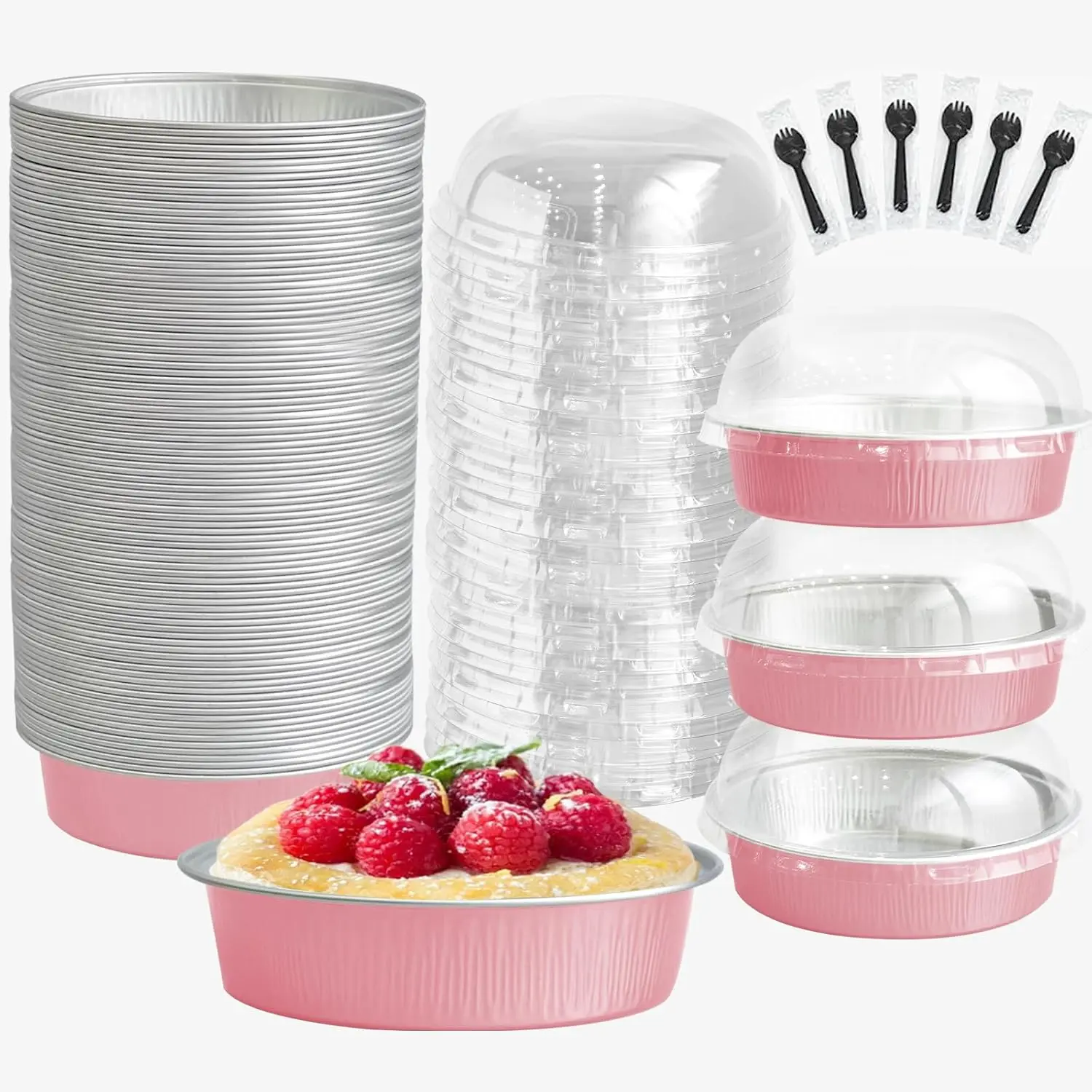50-Piece Thick Pink Mini Cake Pans with Lids - 7 Oz Oven-Safe Disposable Baked Kitchen Containers, 4.72"d x 1.18"h Stackable Individual Baking Tins with Wrapped Spoons for Small Round Desserts