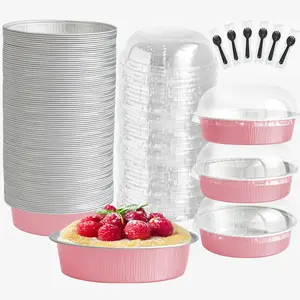 Mini Cake Pans With Lids And Spoons, Baking Tins For Round Small Desserts 7 Oz  Foil Baking Pans Disposable Ramekins Individual Cake Containers Holders For Tart Quiche Flan (50, Pink)