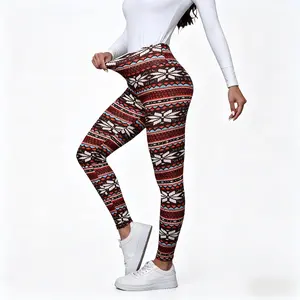 Women's Winter High Waist Plaid Fleece Lined Pants with Snowflake & Reindeer Pattern Elastic Warm Lamb Velvet Nine-Point Leggings Casual Fashion Fit S-XXL