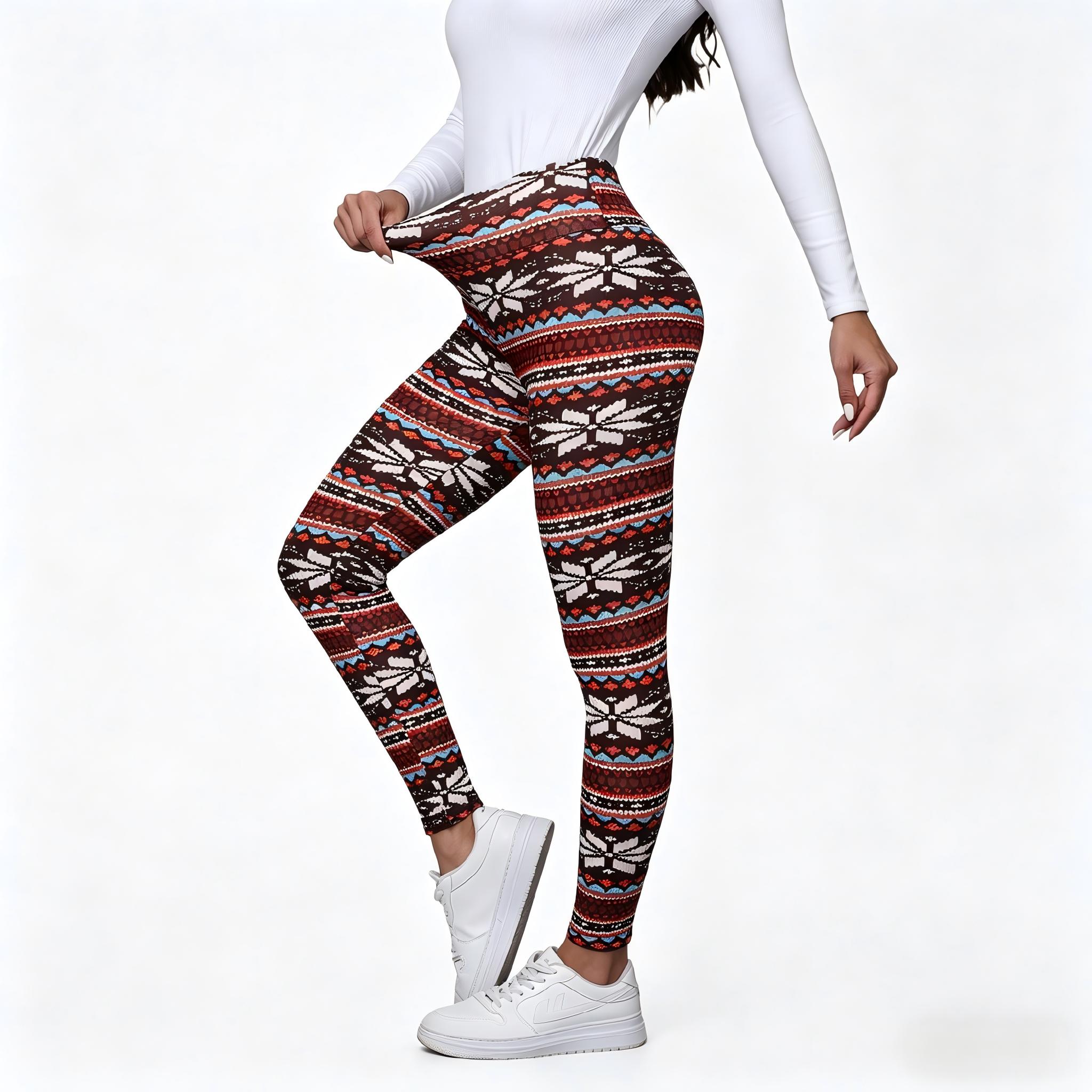 Women's Winter High Waist Plaid Fleece Lined Pants with Snowflake & Reindeer Pattern Elastic Warm Lamb Velvet Nine-Point Leggings Casual Fashion Fit S-XXL