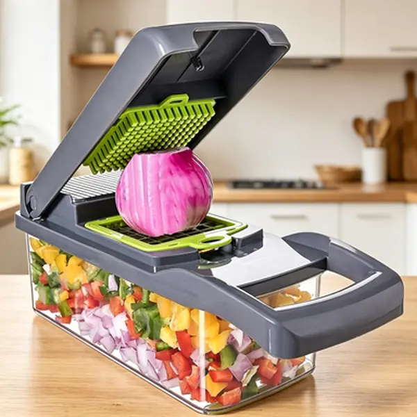All-in-one 13-function vegetable chopper slicer kit equipped with 7 replaceable cutting blades, versatile kitchen tool to dice, slice, shred onions, fruits and spices, compact multi-blade food cutter for fast meal prep,cup