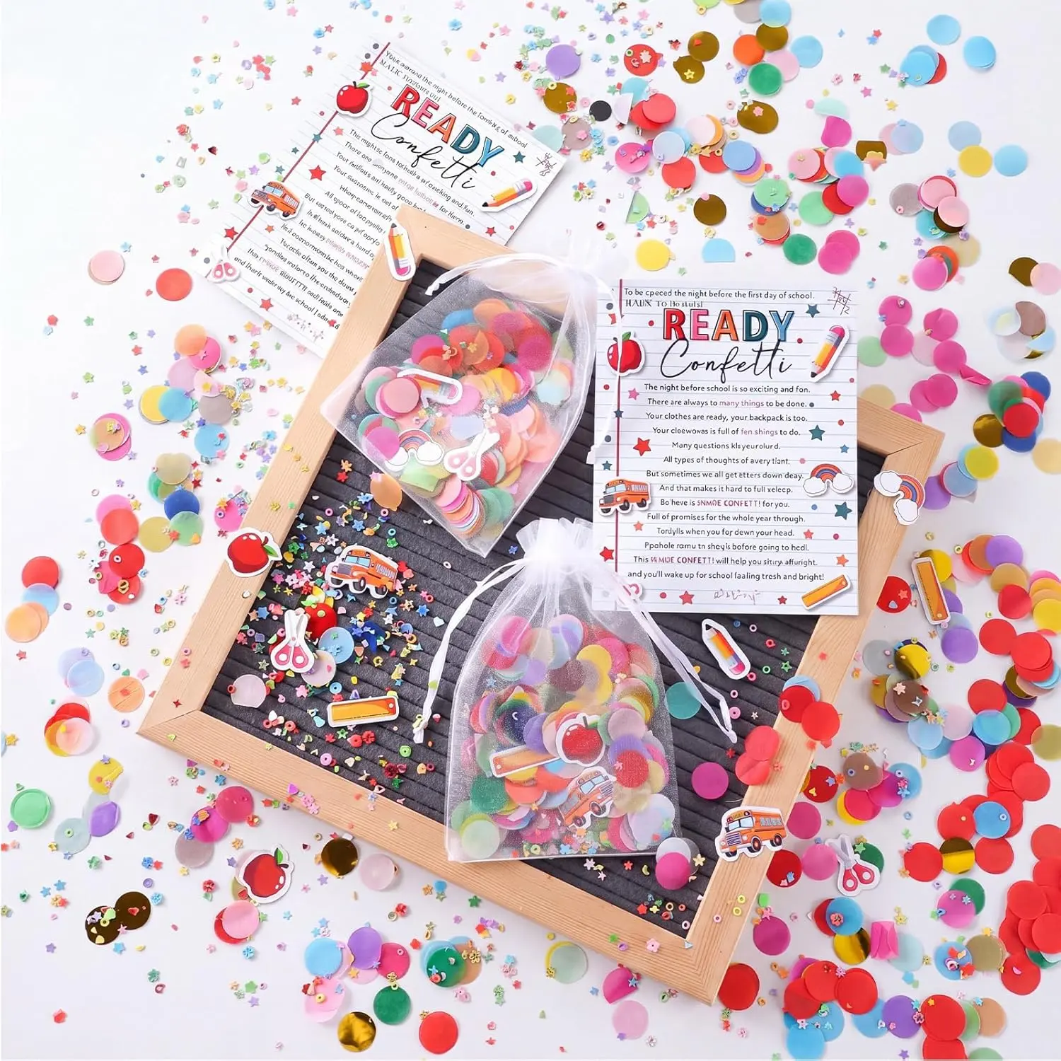 24 Sets Ready Confetti Back to School Supplies Jitter Glitter with Poem Cards Organza Bags First Day of School Confetti Anxiety Relief Favor Gifts for Teachers(Cute)
