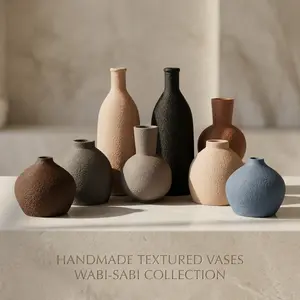 Wabi-Sabi Texture Vase Set of 4, Minimalist Nordic Bohemian Style Dried Flower Home Decor, Modern Living Room Table Centerpiece, Japanese Garden Pot