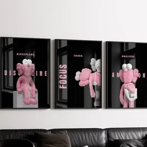 A set of three frameless black and pink cute bear posters in a kawaii style. They are motivational wall art decorations, suitable for decorating the walls of rooms, living rooms and offices, showcasing an aesthetic style.  Water Proof