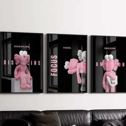 3-Piece Unframed Kawaii Cute Bear Print Set, Black and Pink Cute Animal Design, Waterproof Modern Abstract Motivational Wall Art, Modern Home Decor Room Accessories for Bedrooms & Offices posters wall art