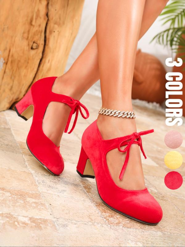 Women's Vintage Elegant Velvet Mary Jane Shoes, Bow Tie Heart Buckle High Heels, Party Wedding Christmas Business Casual Summer