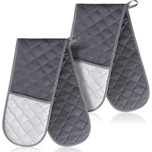 Neer 2 Pcs Heat Resistant Oven Gloves Non Slip Pot Holder Long Mittens for Cooking Baking Grilling BBQ(Grey)
