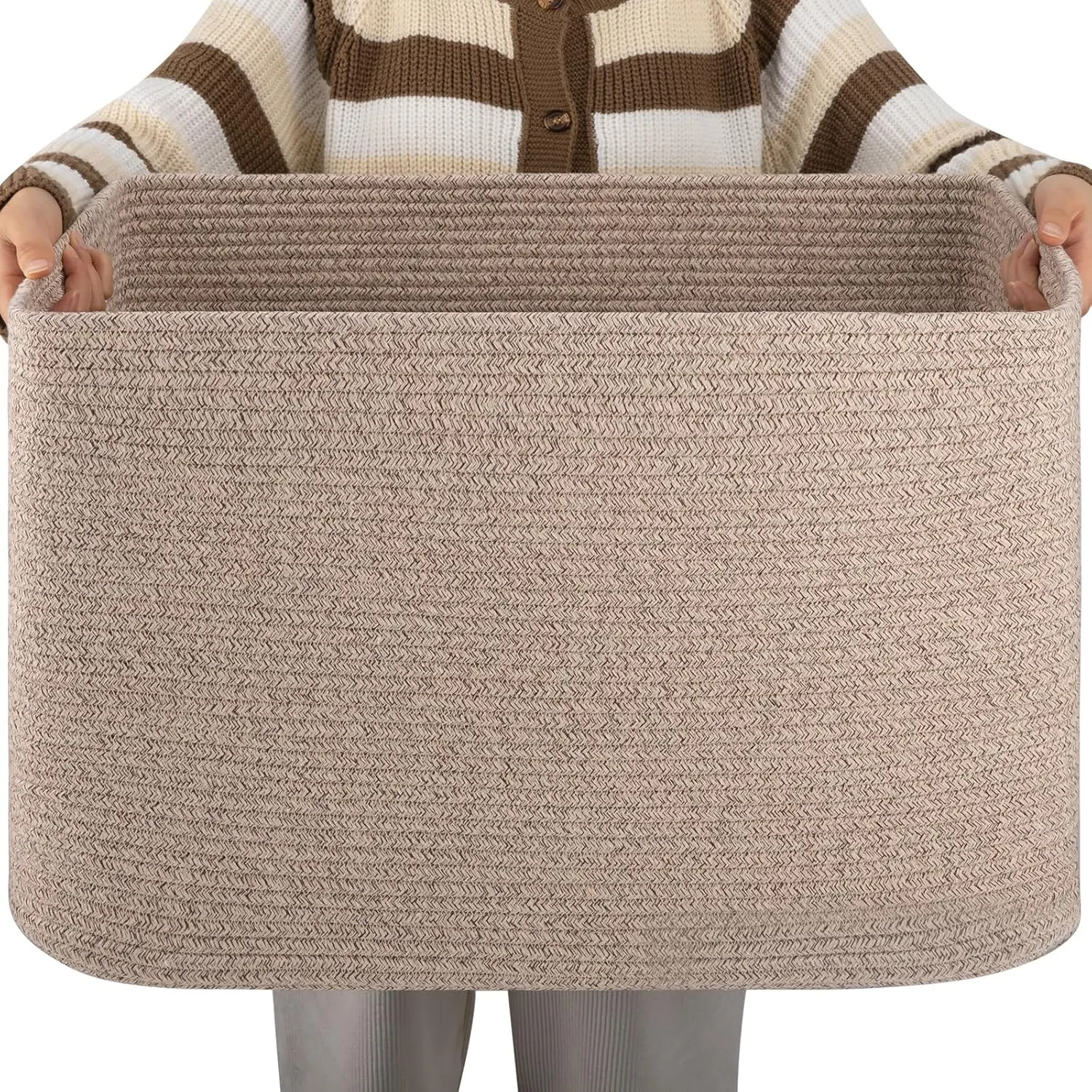 XX Large Rectangular Blanket Basket - 96L, Cotton Woven Storage Basket, Living Room, Children's Room, Bedroom Laundry Basket, with Handle Toy Storage Basket, 24inch x 16inch x 15inch cm, Brown Variegated