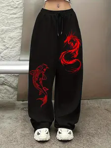 Koi Fish Dragon Print Wide Leg Sweatpants, Casual Street Style Loose Sport Pants, Winter Fitted Graphic Long Trousers