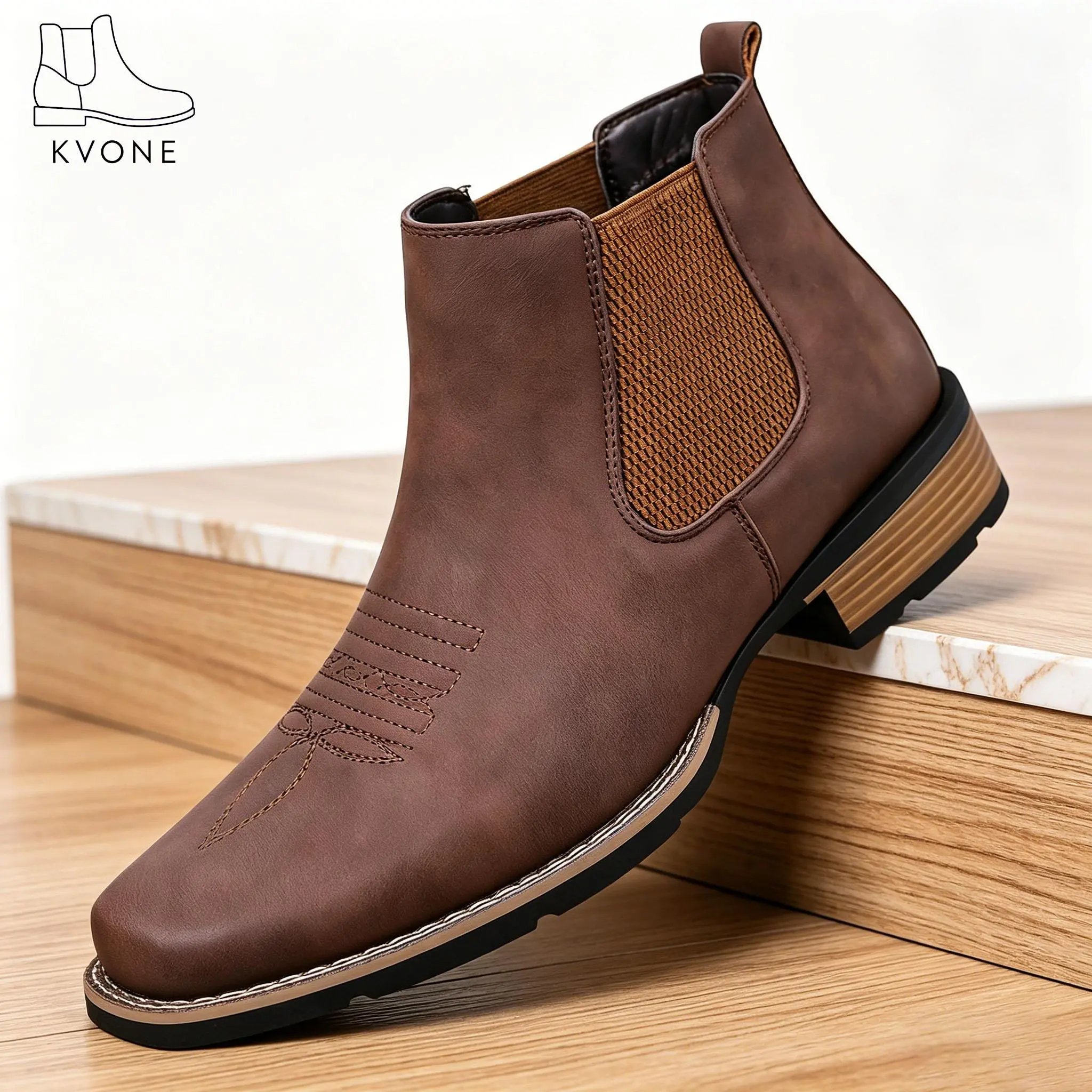 KVONE men’s Western leather boots — classic, stylish dress boots with embroidery and non-slip soles; British-style men’s boots, square-toe Chelsea ankle boots suitable for daily commuting; cowboy boots/men’s boots, versatile choice Footwear