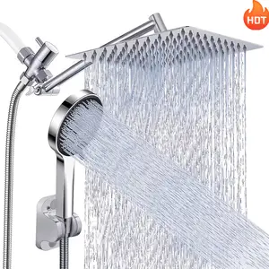 8 Inch High Pressure Rainfall Shower Head Handheld Combo with 11 Inch Extension Arm 5 Settings Adjustable Anti - leak Showerhead with Holder Hose Height Angle Adjustable