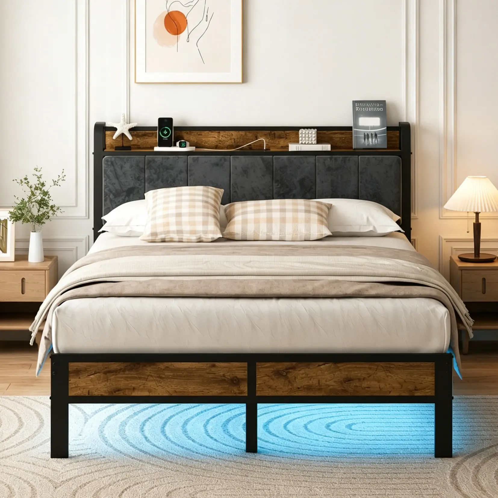 [HOT] DAYAGO Upholstered Platform Bed Frame with LED Lights & Charging Station Twin/Full/Queen/King Size, Queen Bed Frame Headboard, Type C & USB Ports, Modern Bed with Metal Frame for Bedroom, No Box Spring Needed, Full Size Bed summerwins
