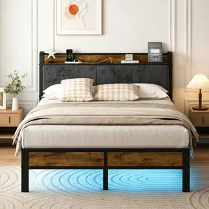 [Brandday] DAYAGO Upholstered Platform Bed Frame with LED Lights & Charging Station Twin/Full/Queen/King Size, Queen Bed Frame Headboard, Type C & USB Ports, Modern Bed with Metal Frame for Bedroom, No Box Spring Needed, Full Size Bed